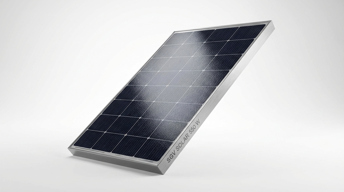 Fotografia profissional de estúdio do painel solar 550W inteiro, angulado em 45 graus, com iluminação premium destacando a superfície de vidro temperado e a estrutura de alumínio anodizado, sobre fundo neutro.