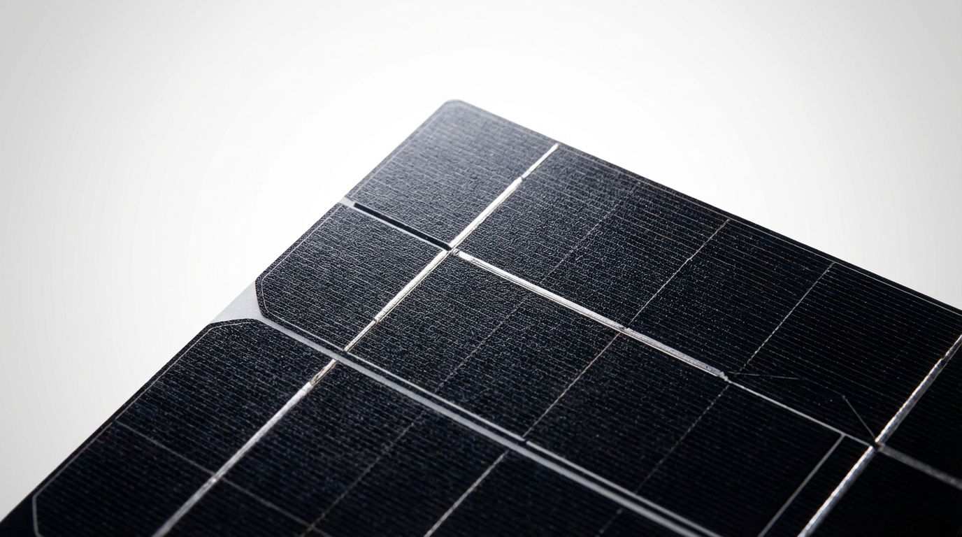 Close-up macro extremo mostrando o corte a laser da célula fotovoltaica (tecnologia Half-Cell) e as busbars finas sobre o silício monocristalino escuro.