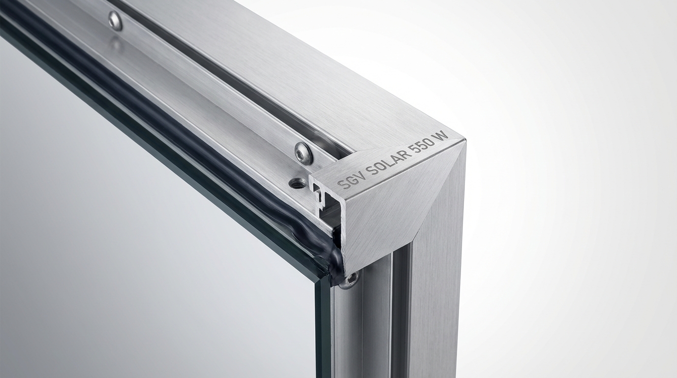 Fotografia detalhada do canto da moldura do painel (frame), mostrando a junção robusta de alumínio anodizado e a vedação de silicone de alta qualidade.