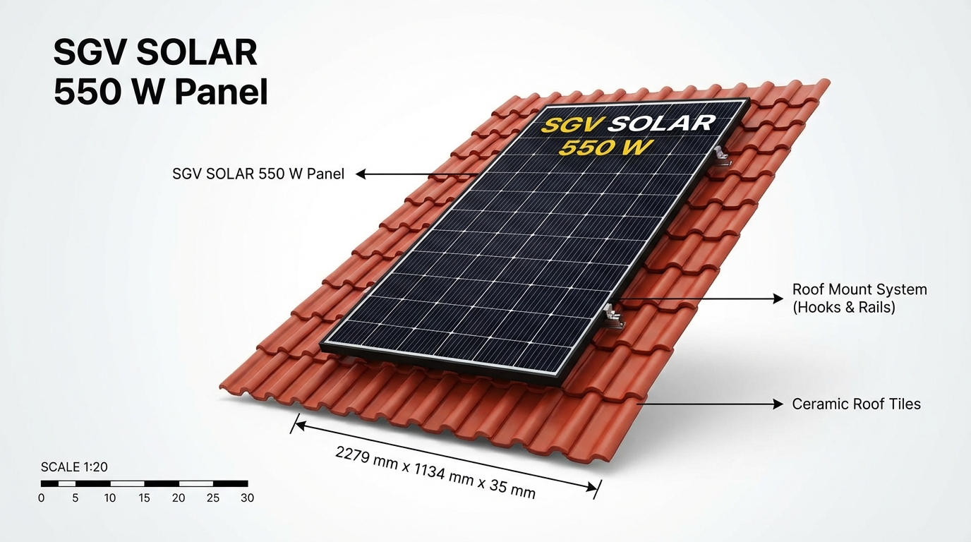 Diagrama visual mostrando o painel solar 550W instalado sobre um telhado inclinado de cerâmica, com indicação de escala e fixação.